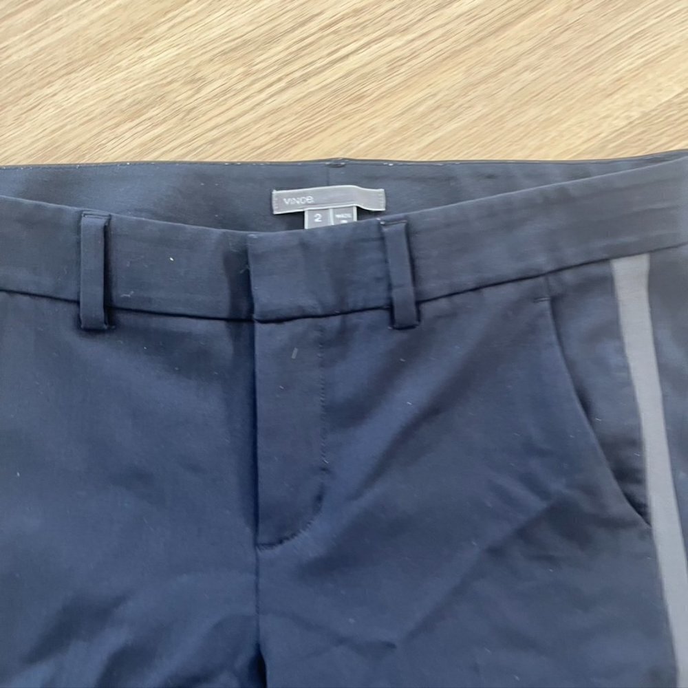Vince Leather Trim Wool Pants Trousers Straight Leg Navy Green Women's Size 2 - Picture 7 of 11